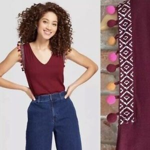 Burgundy Sleeveless V-neck Shirt w Pom-Pom Detail